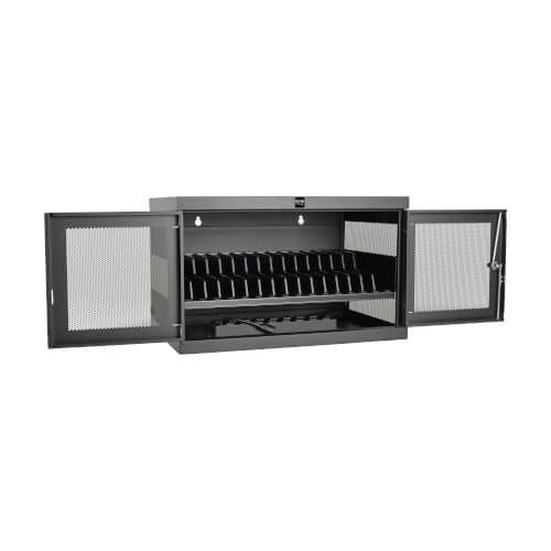 Öppen väggmonterad laddstation med plats för surfplattor eller telefoner.